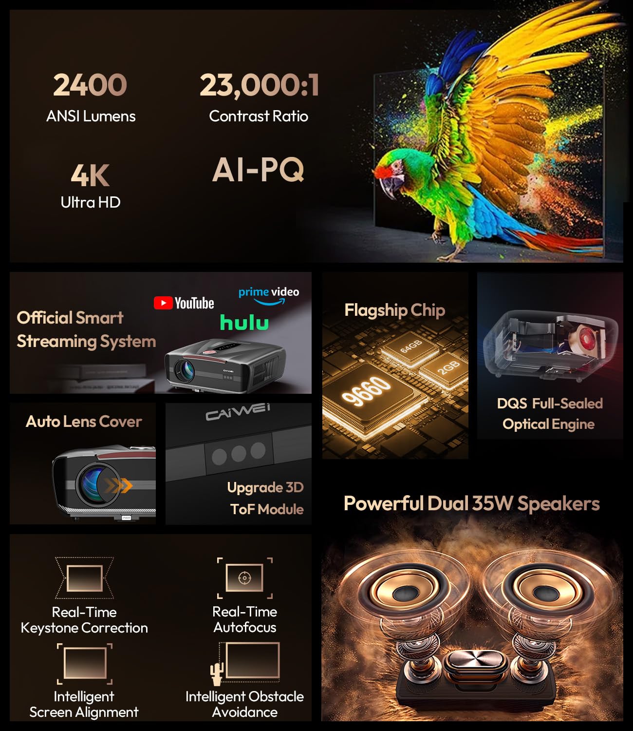 2026 Daytime 4K Smart Projector with 2400 ANSI & AI Autofocus