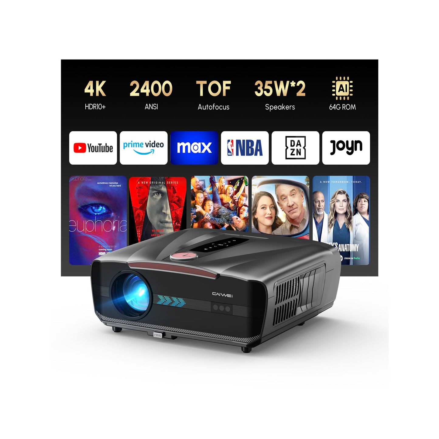 2026 Daytime 4K Smart Projector with 2400 ANSI & AI Autofocus