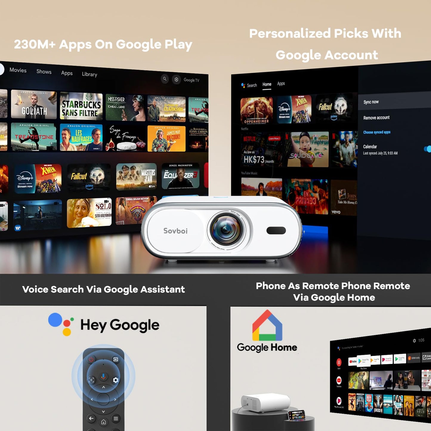 Sovboi 4K Smart Projector with Google TV & AI Voice Control